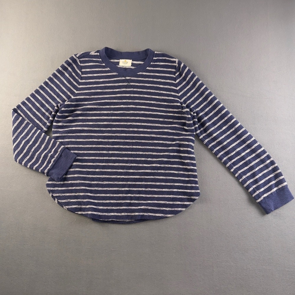 Marine Layer Mens Large Navy Blue White Striped Long‎ Sleeve Terry Crewneck Top